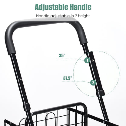 Folding Shopping Cart Basket Rolling Trolley with Adjustable Handle, Black Kitchen Tools at Gallery Canada