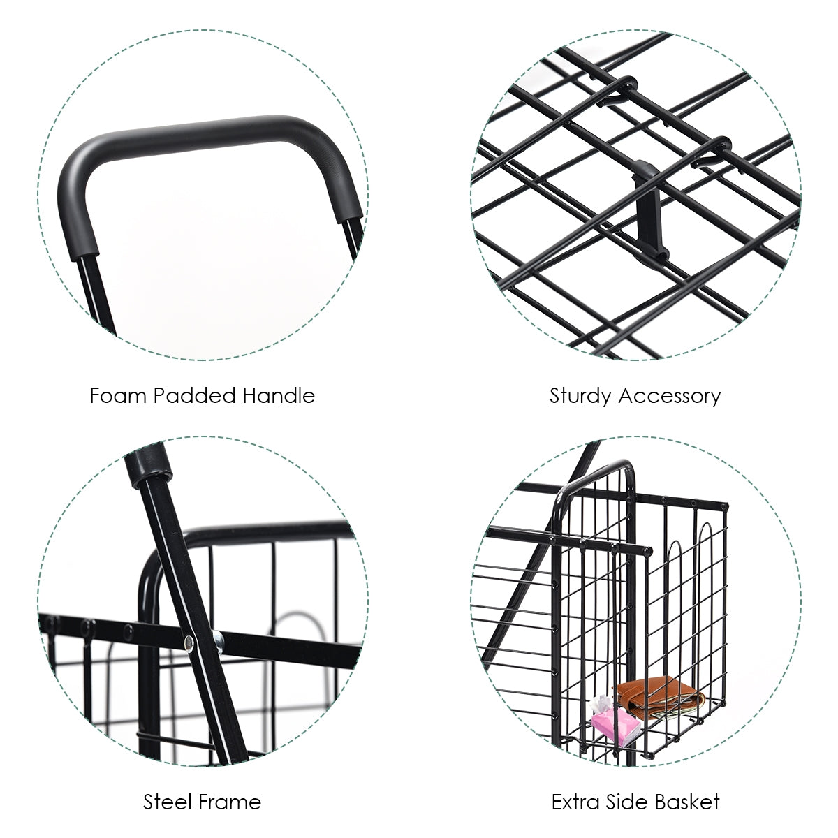 Folding Shopping Cart Basket Rolling Trolley with Adjustable Handle, Black Kitchen Tools at Gallery Canada