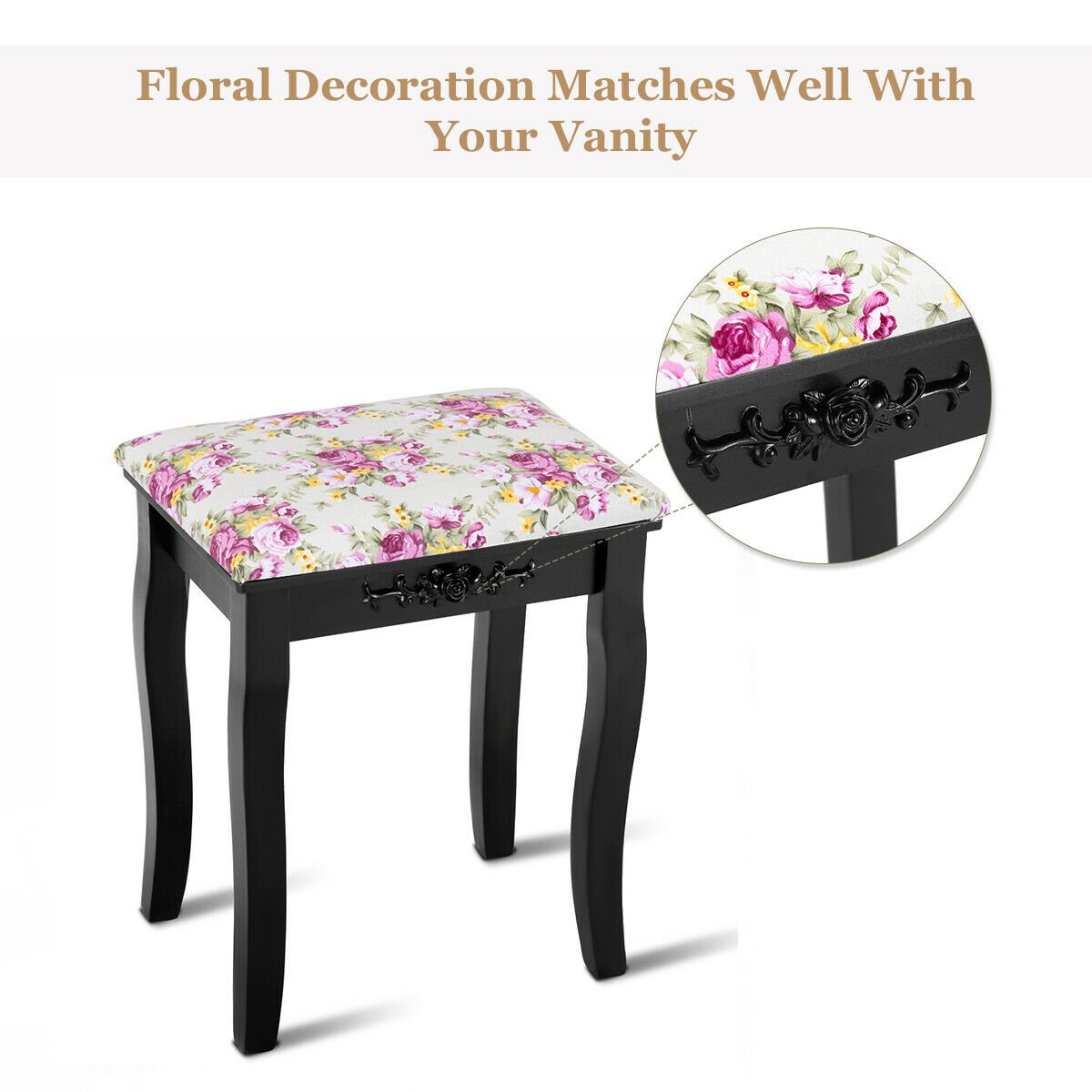 Vanity Wood Dressing Stool Padded Piano Seat with Rose Cushion, Black - Gallery Canada