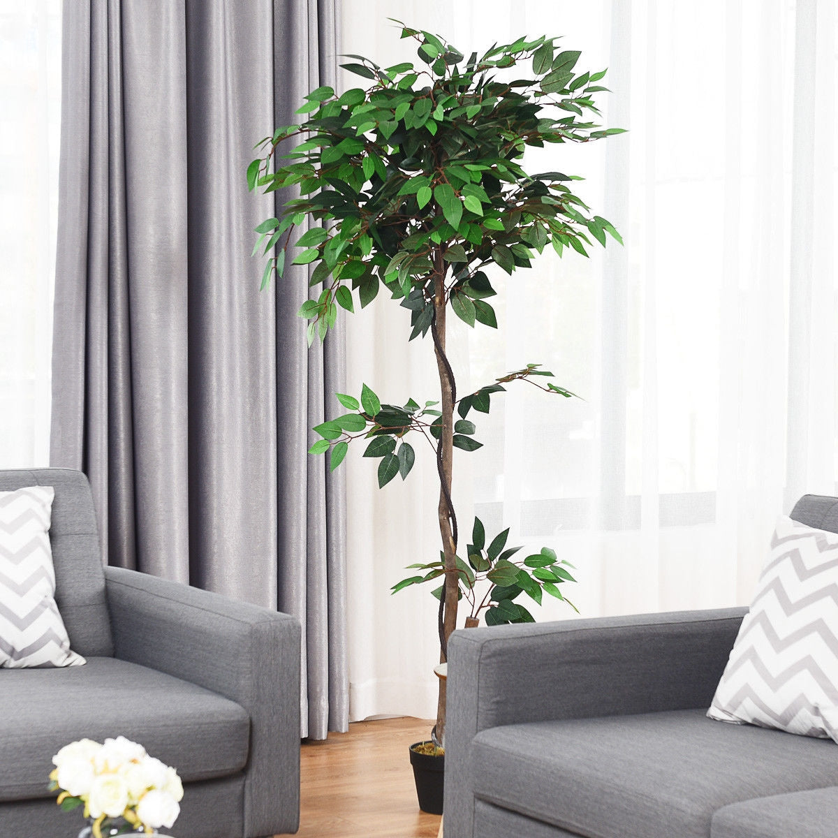5.5 Feet Artificial Ficus Silk Tree with Wood Trunks, Green Faux Plants at Gallery Canada