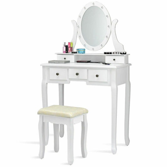 5 Drawers Vanity Dressing Table Stool Set with 12 LED Bulbs, White - Gallery Canada