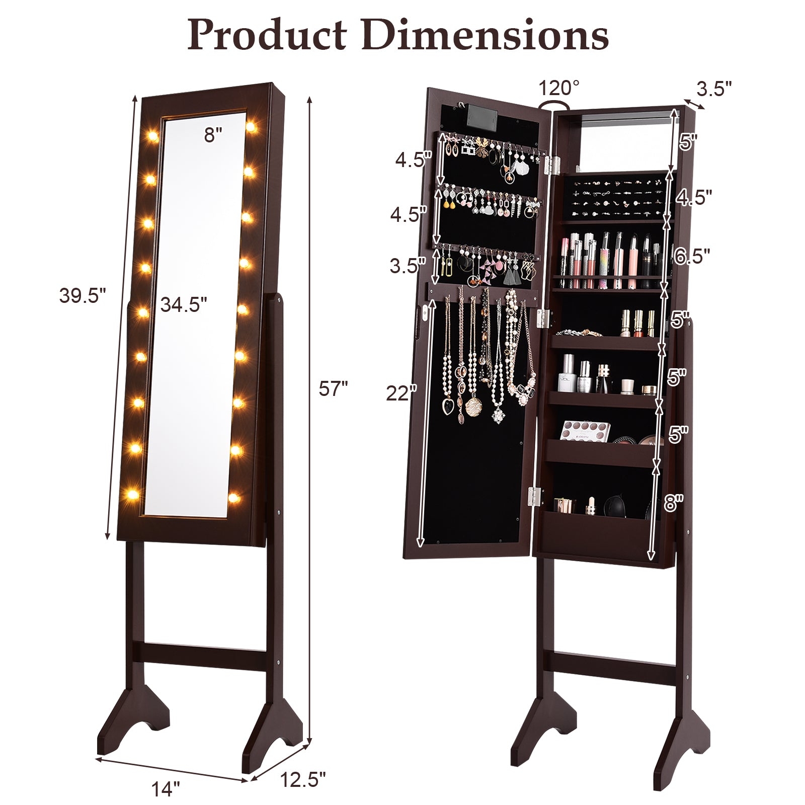 Mirrored Jewelry Cabinet Armoire Organizer w/ LED lights, Brown Jewelry Armoires at Gallery Canada