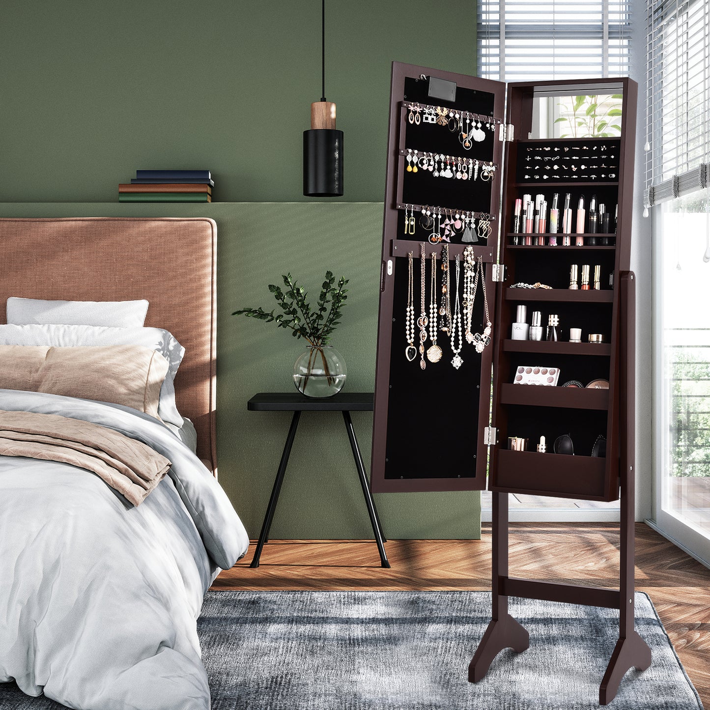 Mirrored Jewelry Cabinet Armoire Organizer w/ LED lights, Brown Jewelry Armoires at Gallery Canada