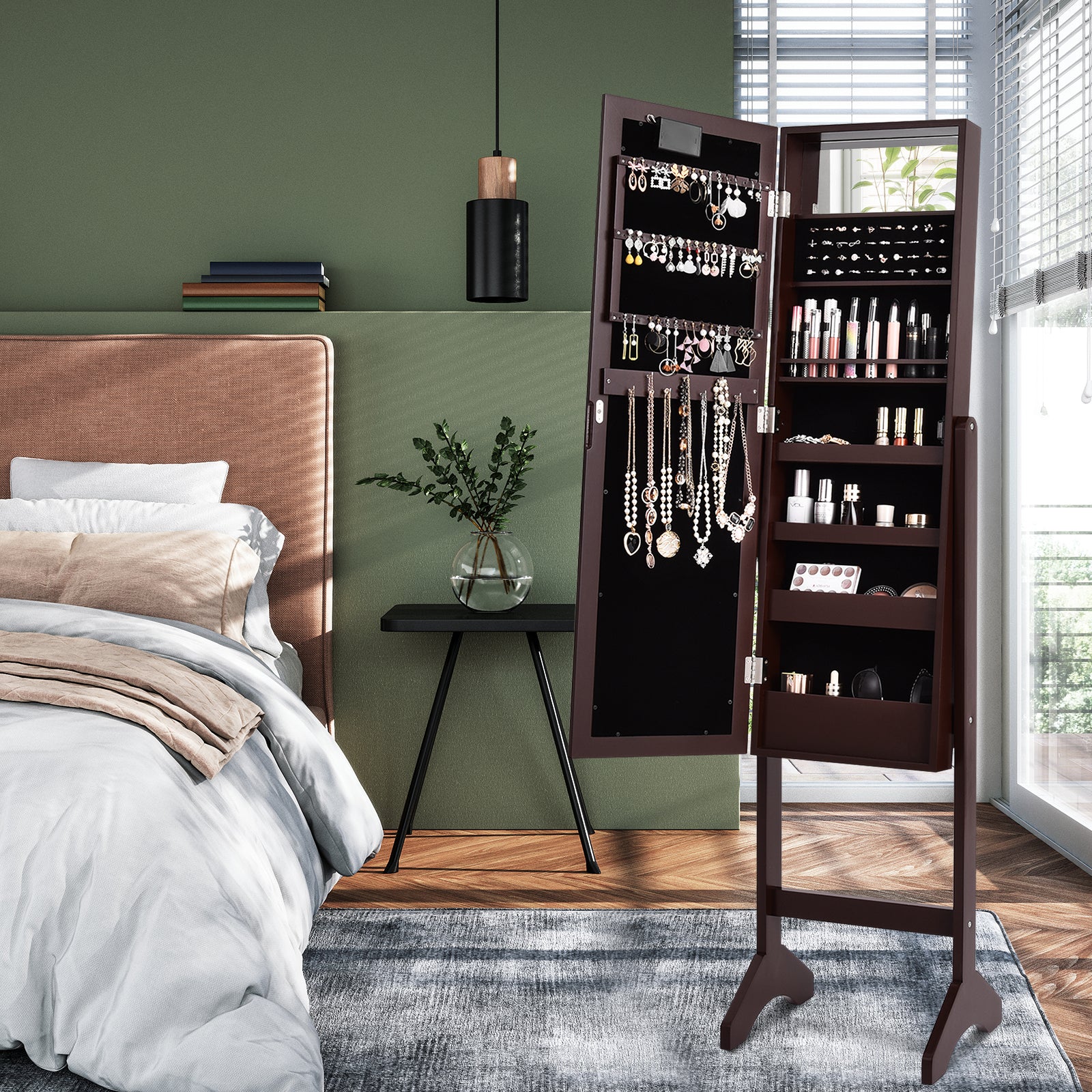 Mirrored Jewelry Cabinet Armoire Organizer w/ LED lights, Brown Jewelry Armoires at Gallery Canada