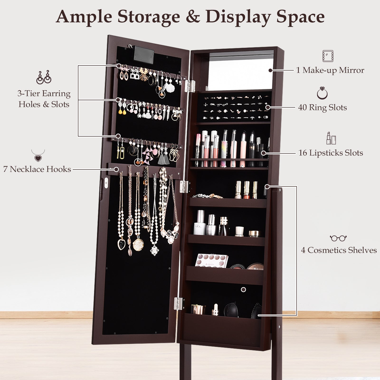 Mirrored Jewelry Cabinet Armoire Organizer w/ LED lights, Brown Jewelry Armoires at Gallery Canada