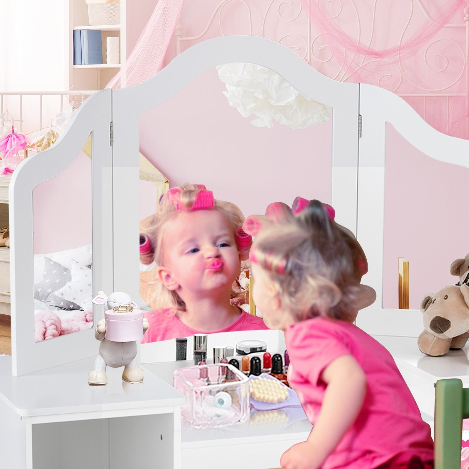Kids Tri Folding Mirror Makeup Dressing Vanity Table Set, White - Gallery Canada