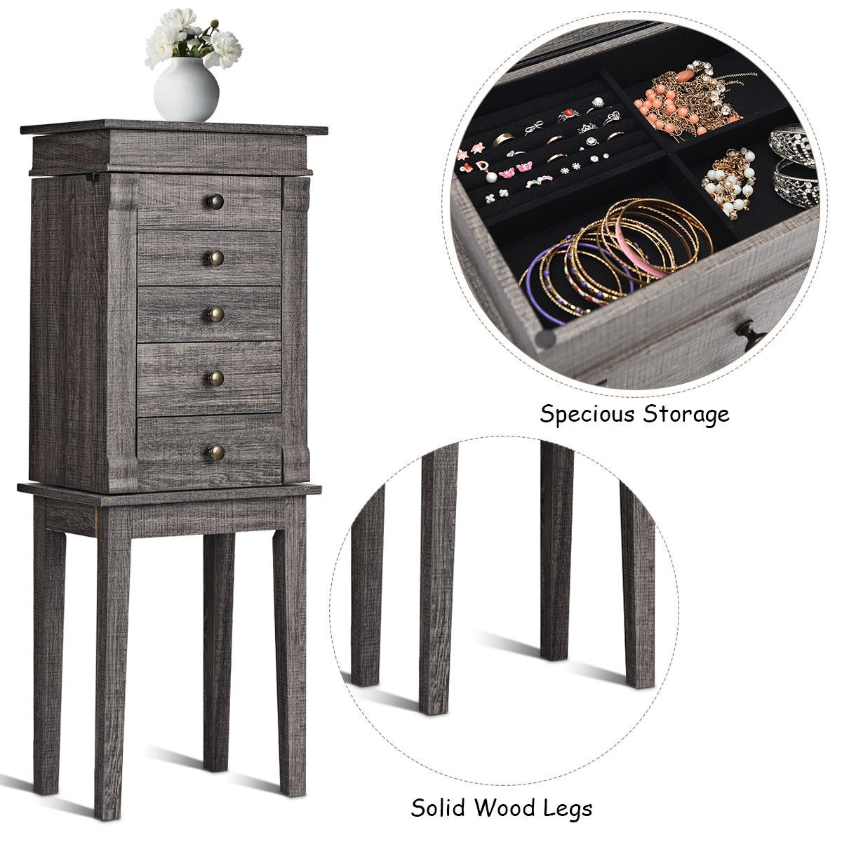 Standing Jewelry Cabinet Storage Organizer with Wooden Legs, Gray Jewelry Armoires at Gallery Canada