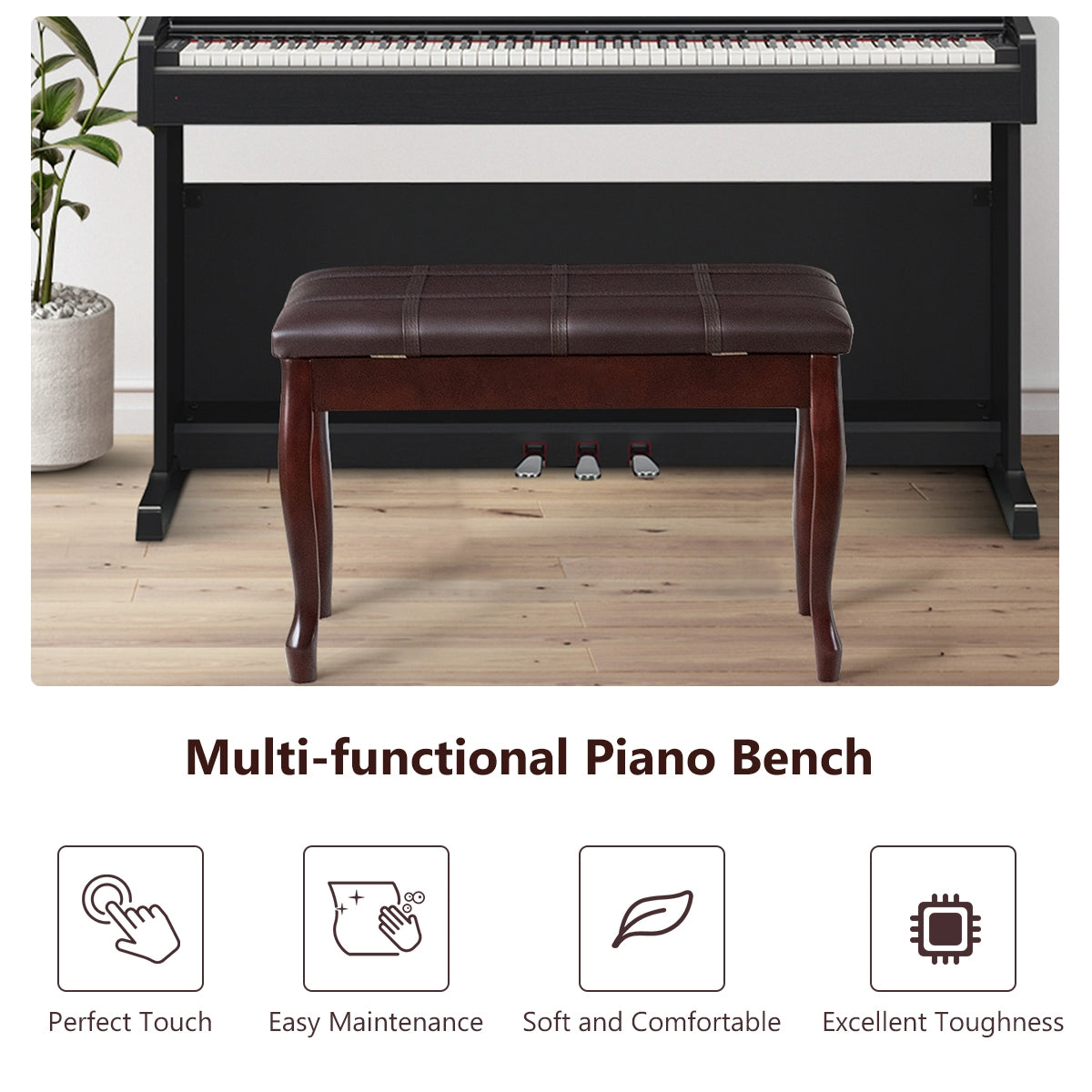 Solid Wood PU Leather Piano Bench with Storage, Brown Pianos & Keyboards at Gallery Canada