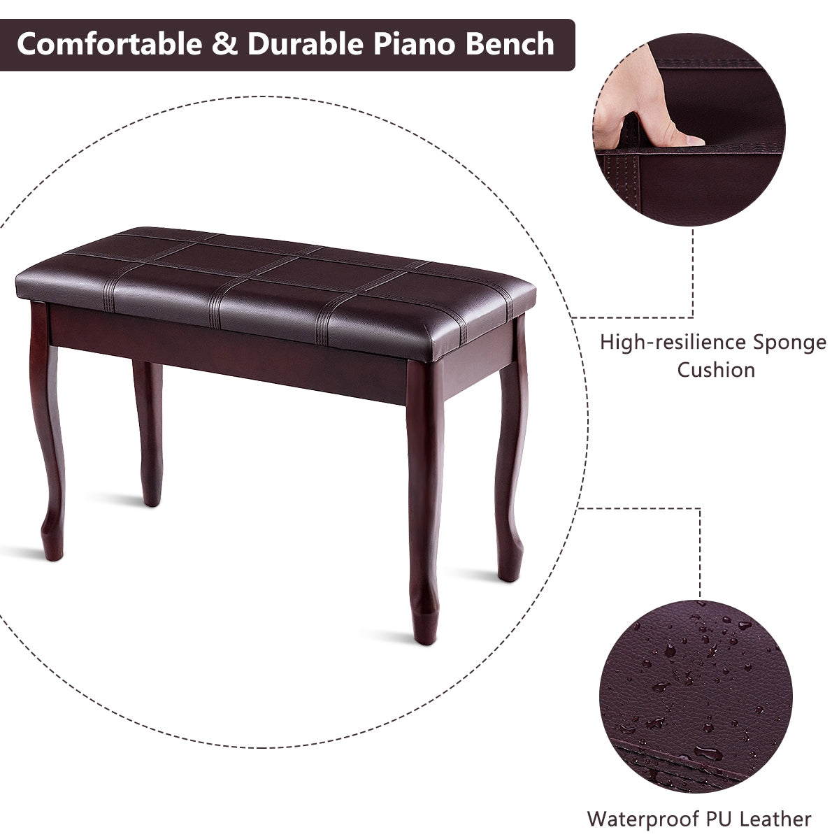 Solid Wood PU Leather Piano Bench with Storage, Brown Pianos & Keyboards at Gallery Canada