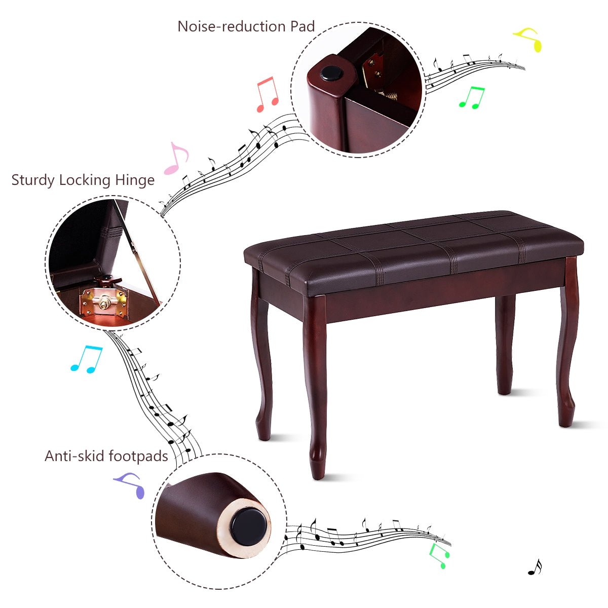 Solid Wood PU Leather Piano Bench with Storage, Brown Pianos & Keyboards at Gallery Canada