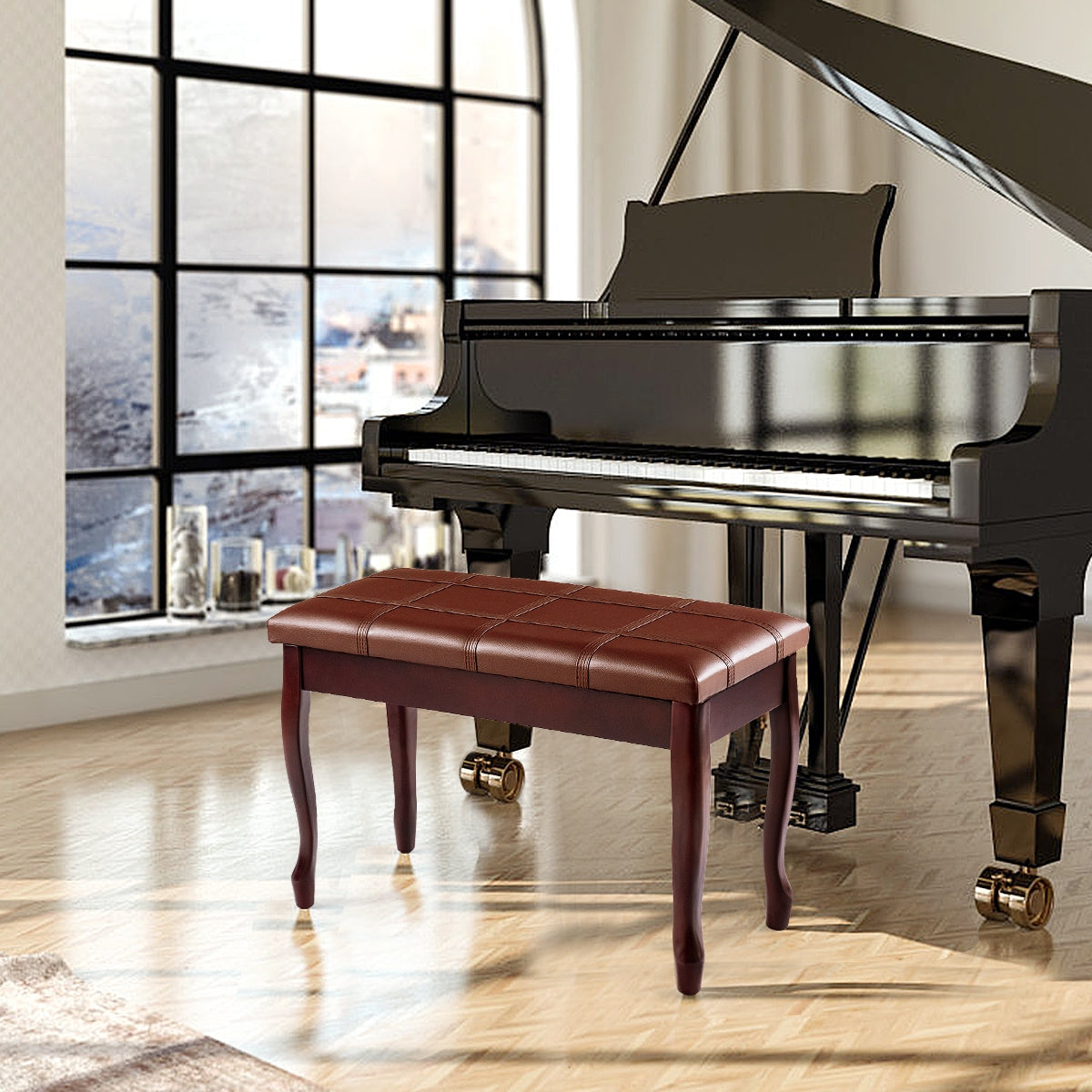Solid Wood PU Leather Piano Bench with Storage, Brown Pianos & Keyboards at Gallery Canada