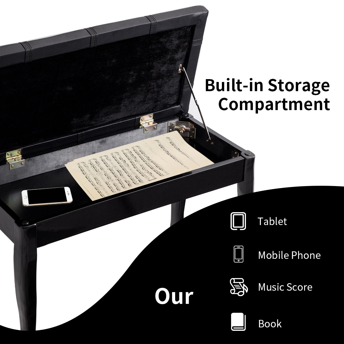 Solid Wood PU Leather Piano Bench with Storage, Black Pianos & Keyboards at Gallery Canada