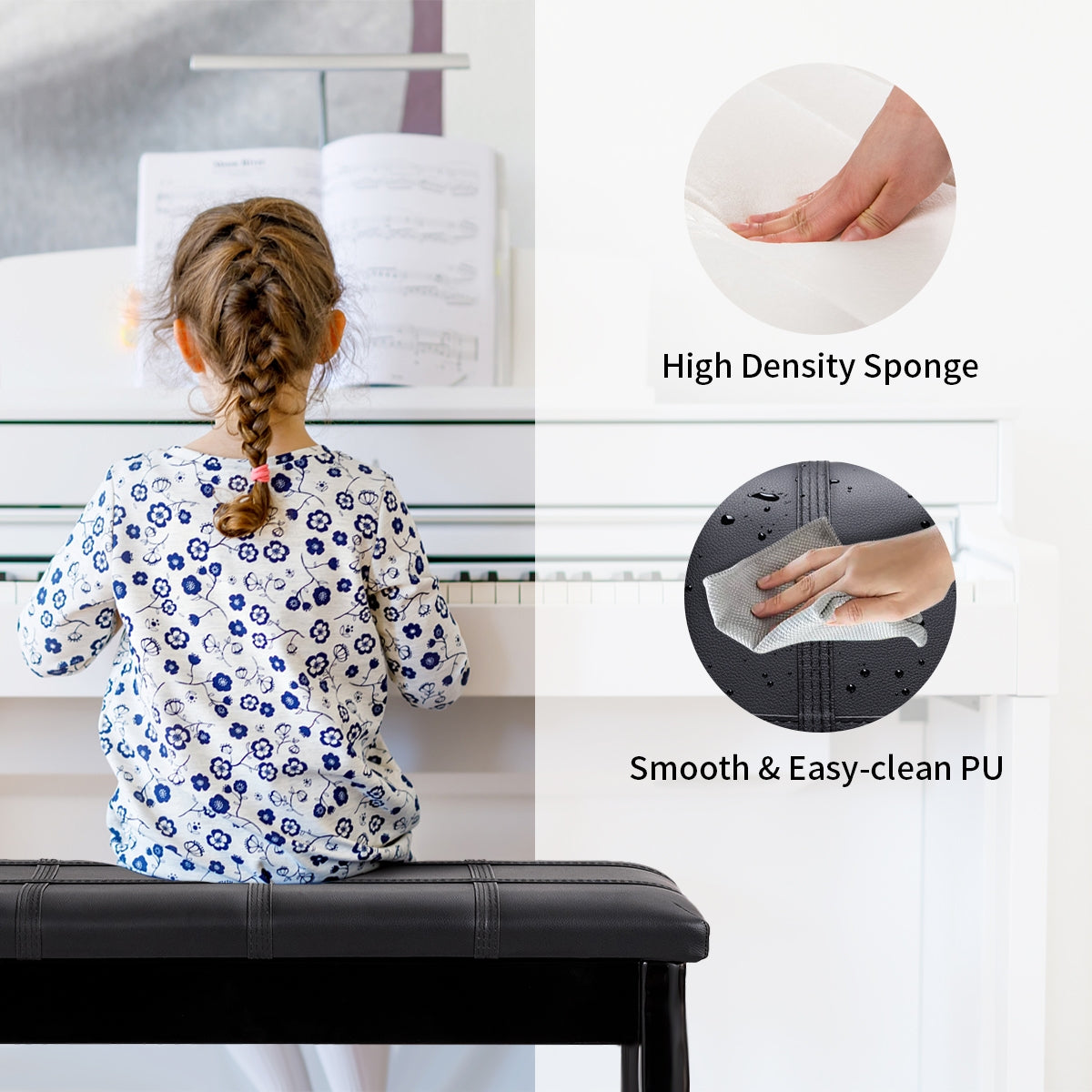 Solid Wood PU Leather Piano Bench with Storage, Black Pianos & Keyboards at Gallery Canada