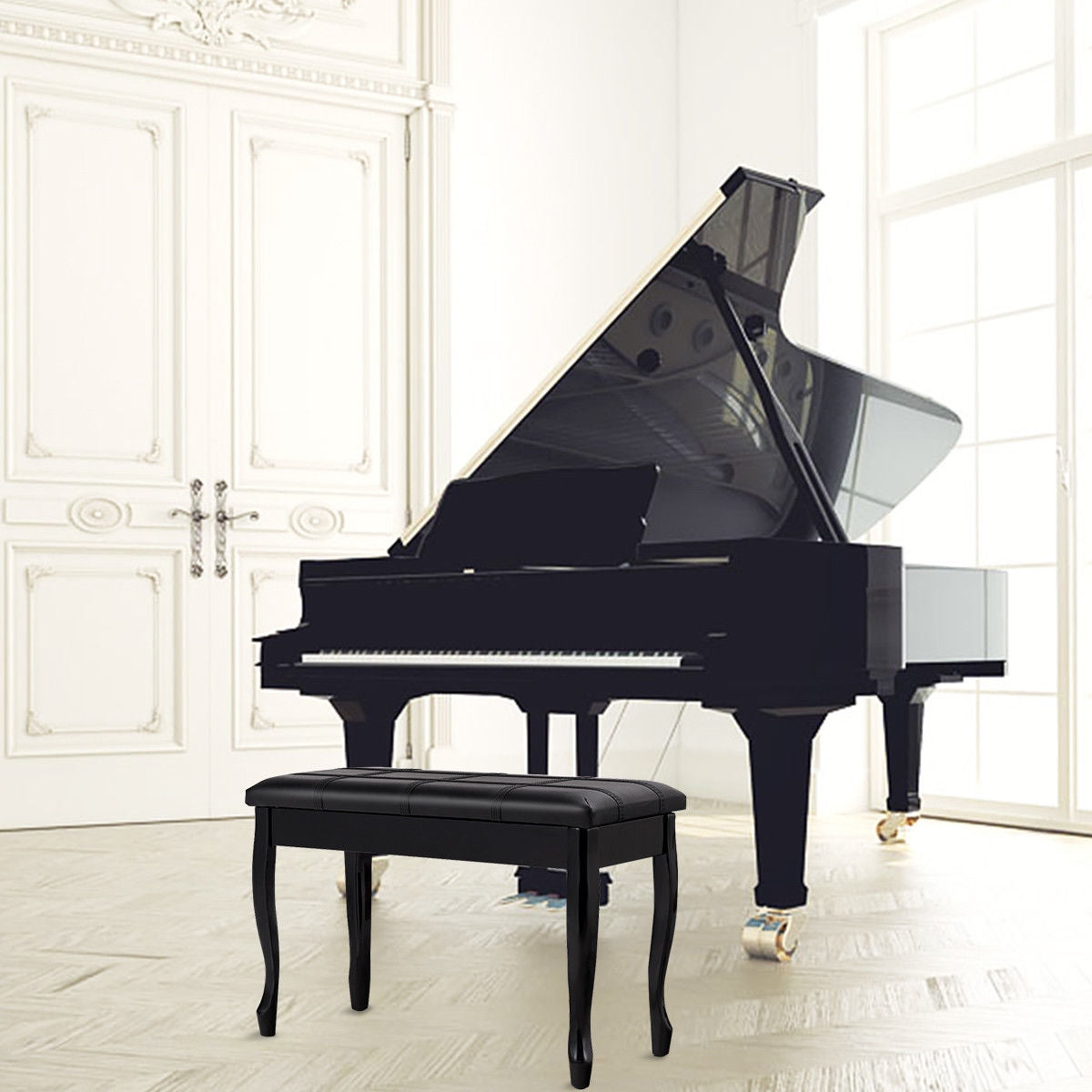 Solid Wood PU Leather Piano Bench with Storage, Black Pianos & Keyboards at Gallery Canada