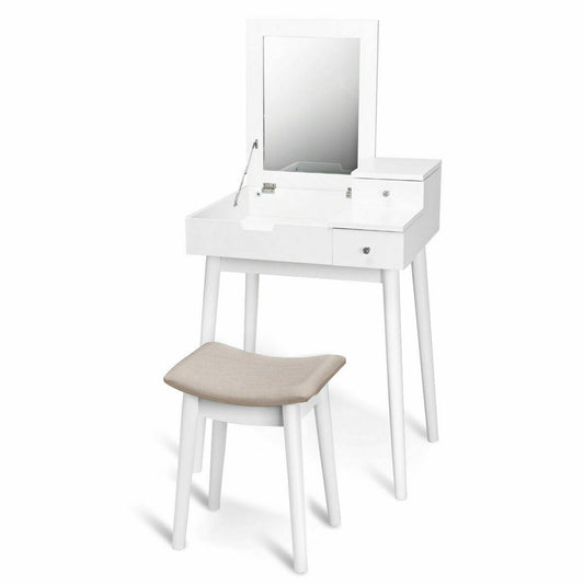 Vanity Dressing Table Set Flip Mirror Desk Furniture Stool, White Makeup Vanities White at Gallery Canada