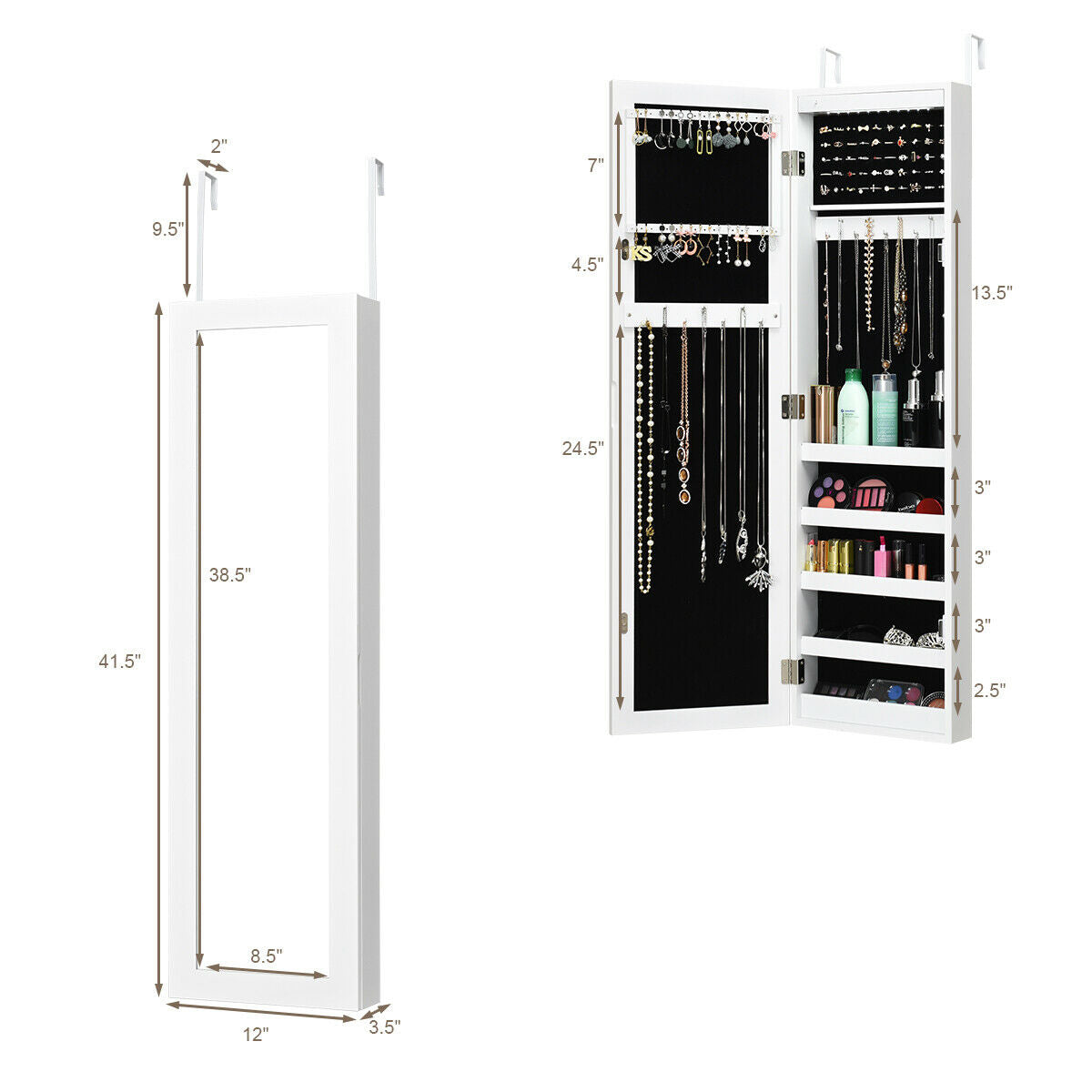 Wall And Door Mirrored Jewelry Cabinet With LED Light, White Jewelry Armoires at Gallery Canada