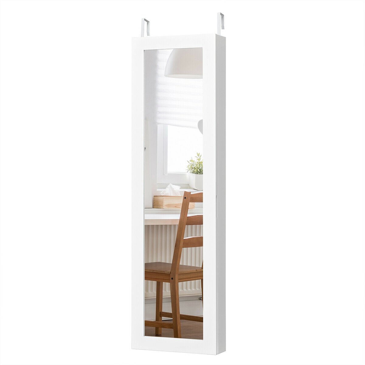Wall And Door Mirrored Jewelry Cabinet With LED Light, White - Gallery Canada