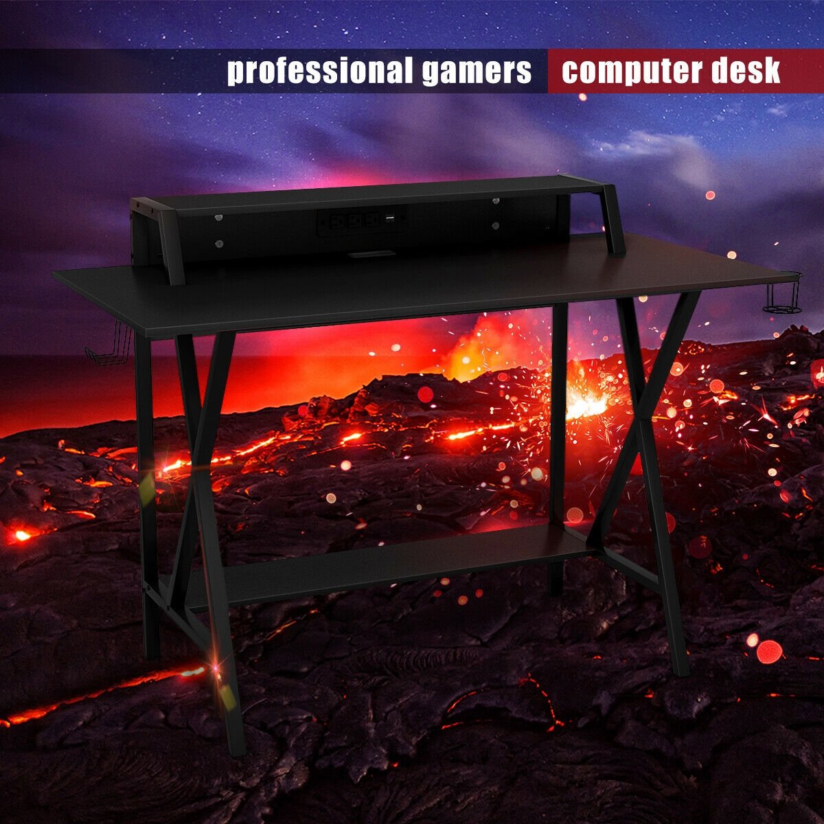 All-in-One Professional Gaming Desk with Cup and Headphone Holder, Black - Gallery Canada