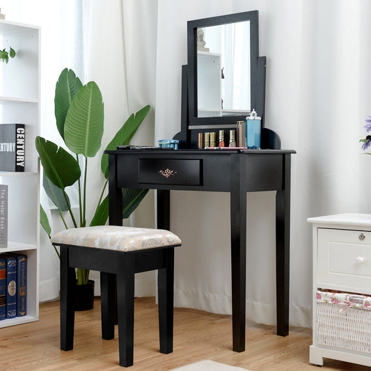 Vanity Dressing Table Stool Set, Large Makeup Mirror, Black Makeup Vanities Black at Gallery Canada