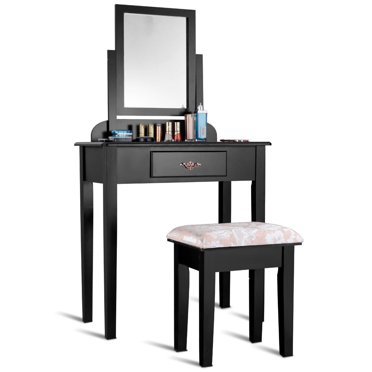 Vanity Dressing Table Stool Set, Large Makeup Mirror, Black