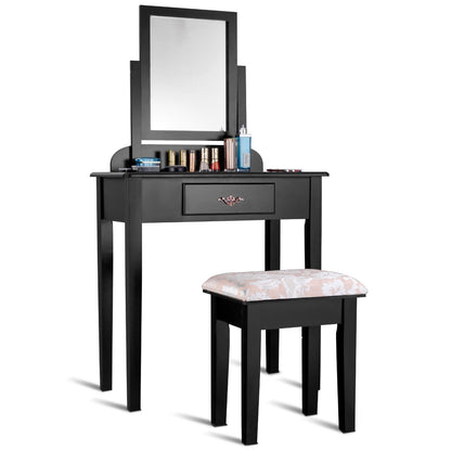 Vanity Dressing Table Stool Set, Large Makeup Mirror, Black