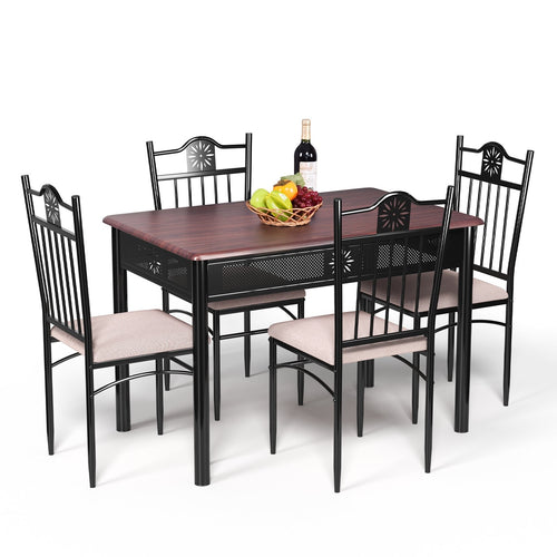 5 Pieces Dining Set Wood Metal Table and 4 Chairs with Cushions, Beige
