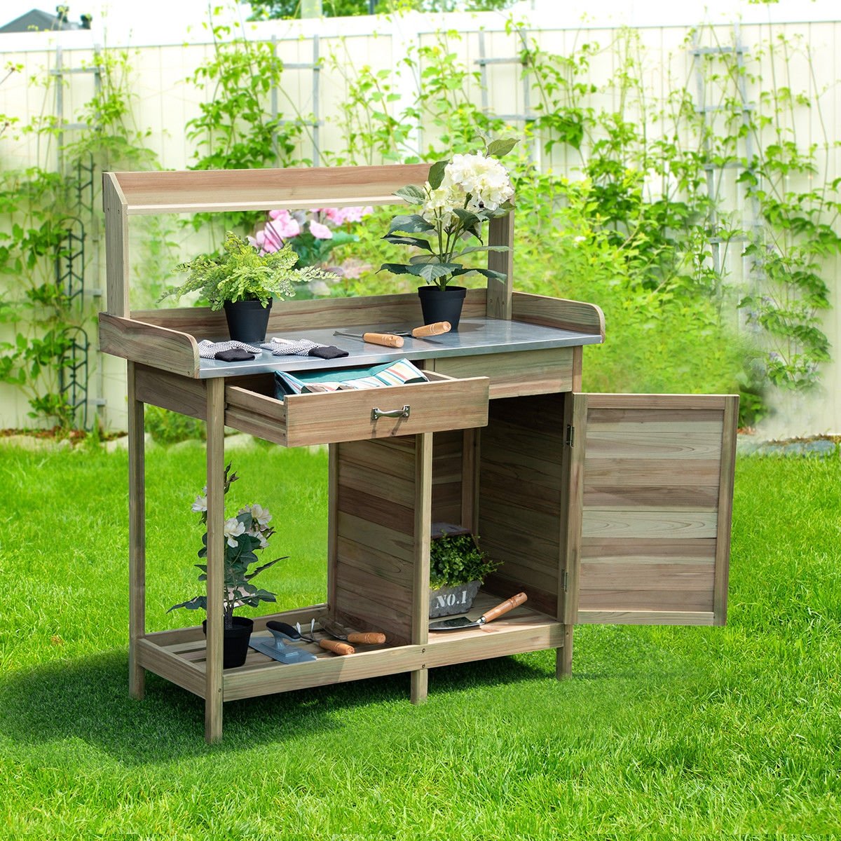 Outdoor Garden Wooden Work Station Potting Bench, Natural at Gallery Canada