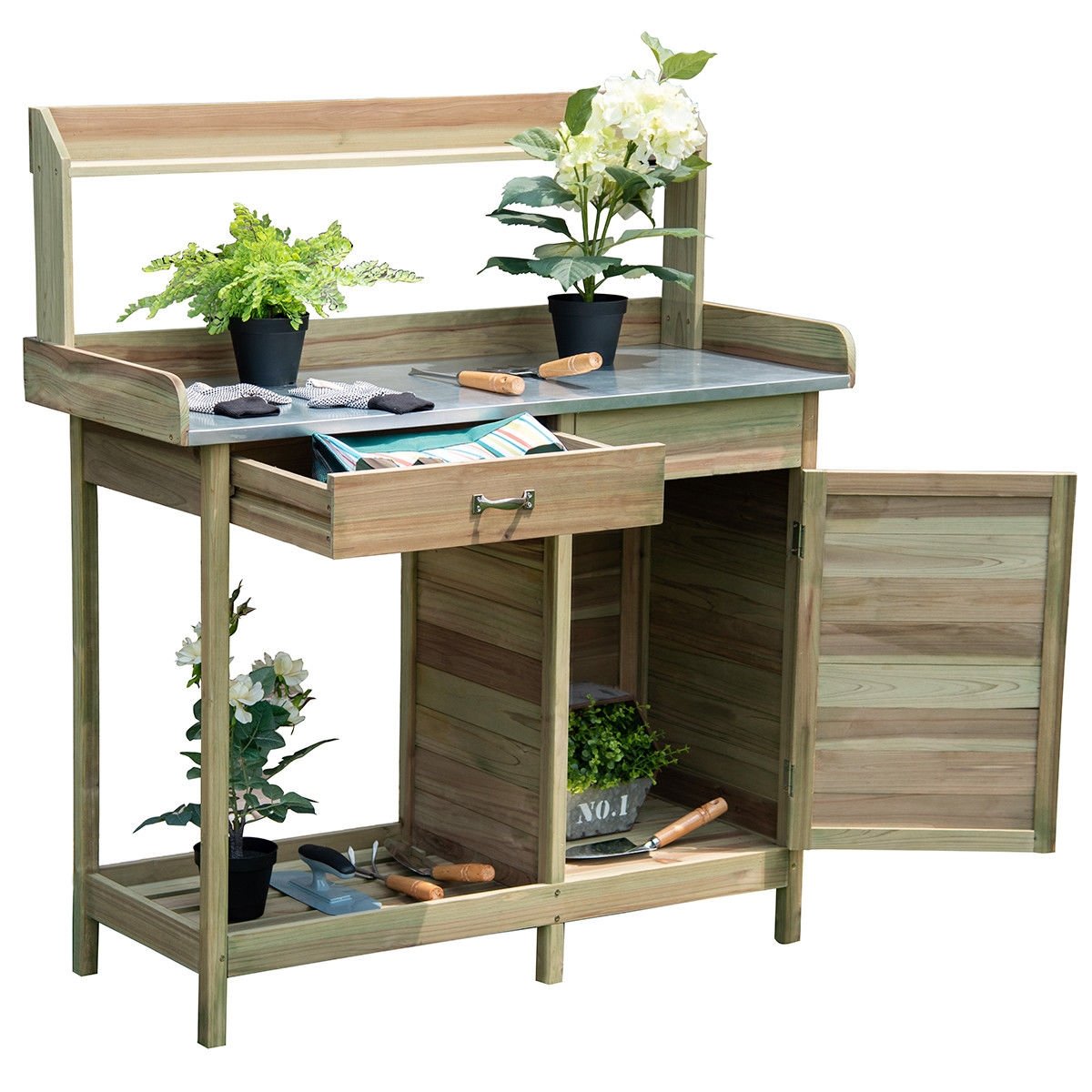 Outdoor Garden Wooden Work Station Potting Bench, Natural - Gallery Canada