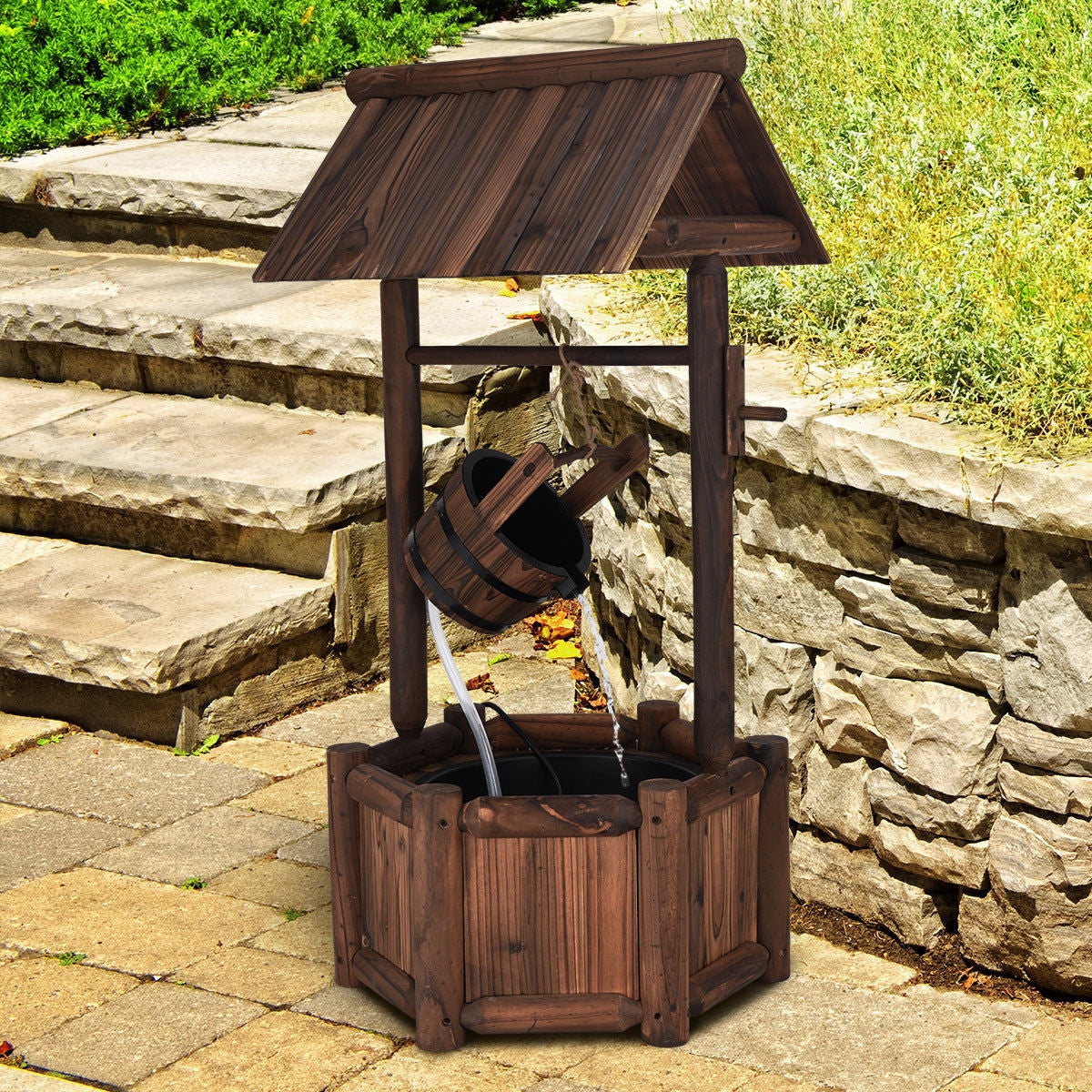 Garden Wooden Wishing Water Fountain with Pump, Brown Outdoor Decor at Gallery Canada