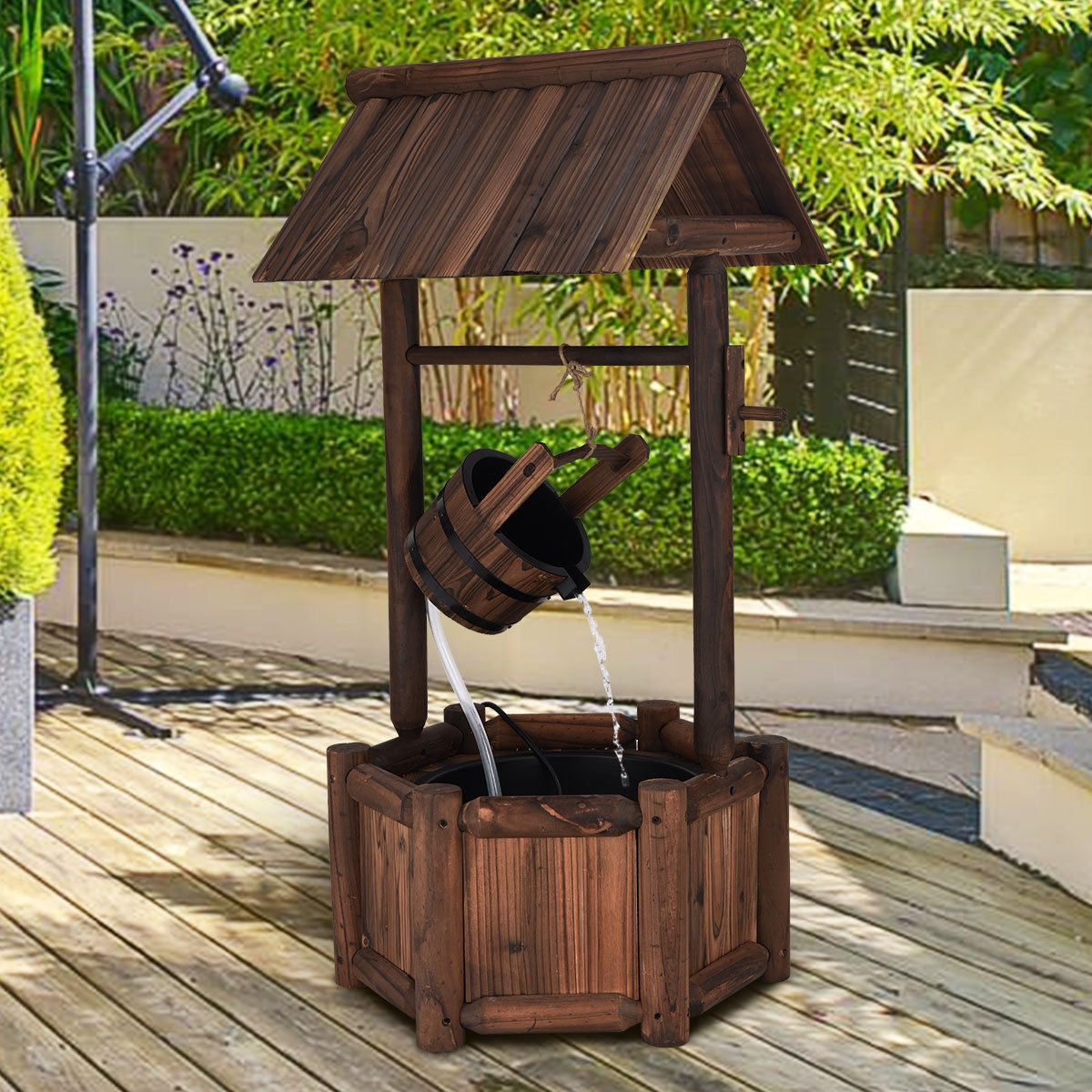 Garden Wooden Wishing Water Fountain with Pump, Brown Outdoor Decor at Gallery Canada