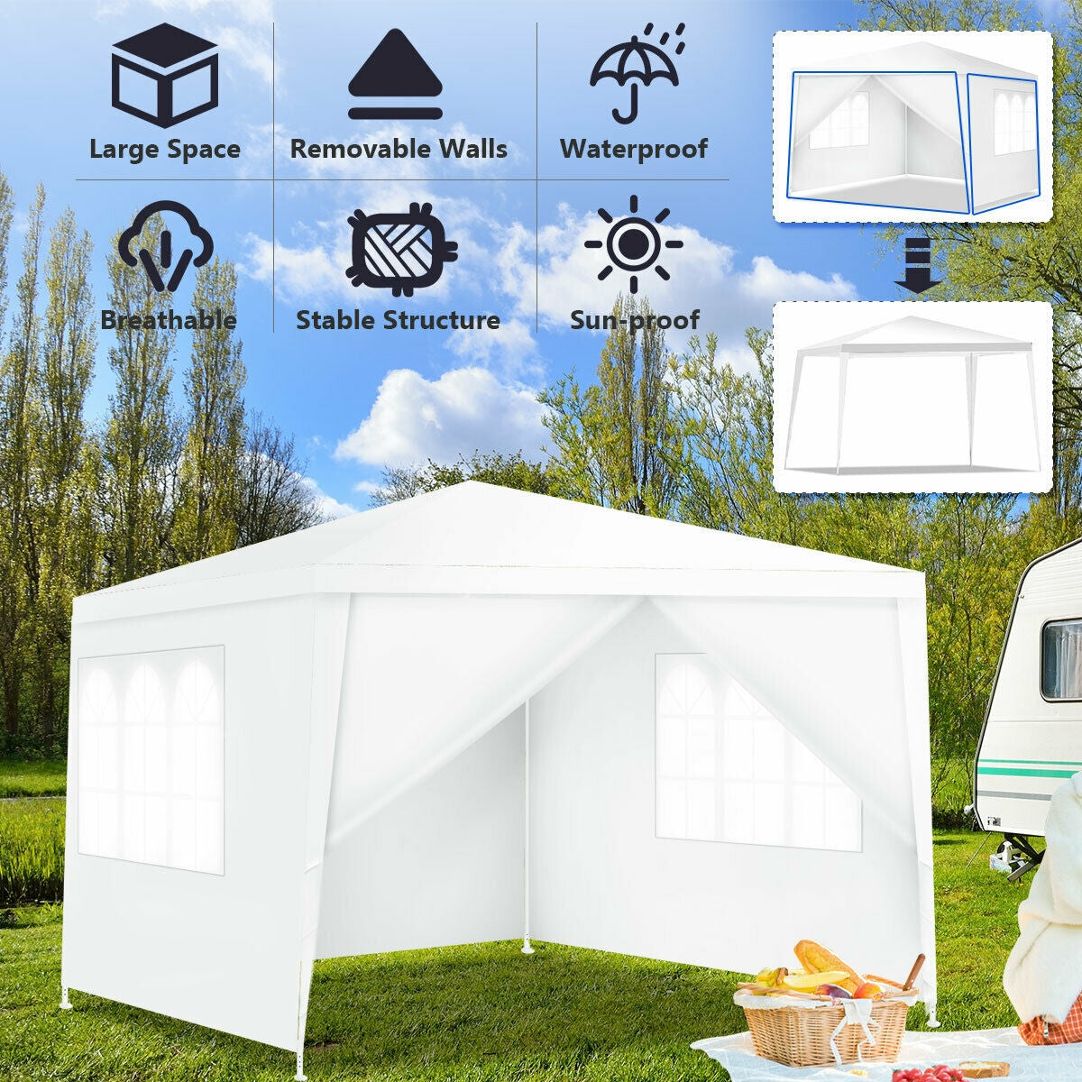 10 x 10 Feet Outdoor Side Walls Canopy Tent with 4 Removable Sidewalls, White Canopies at Gallery Canada