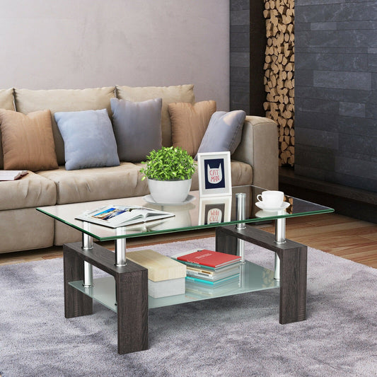 Rectangular Tempered Glass Coffee Table with Shelf, Black - Gallery Canada