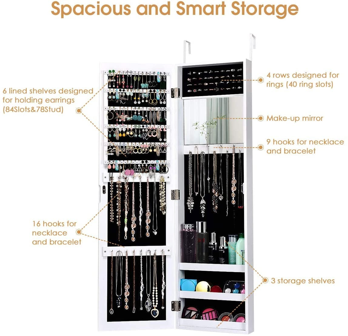 Wall Door Mounted Mirrored Jewelry Cabinet Storage Organizer, White Jewelry Armoires at Gallery Canada