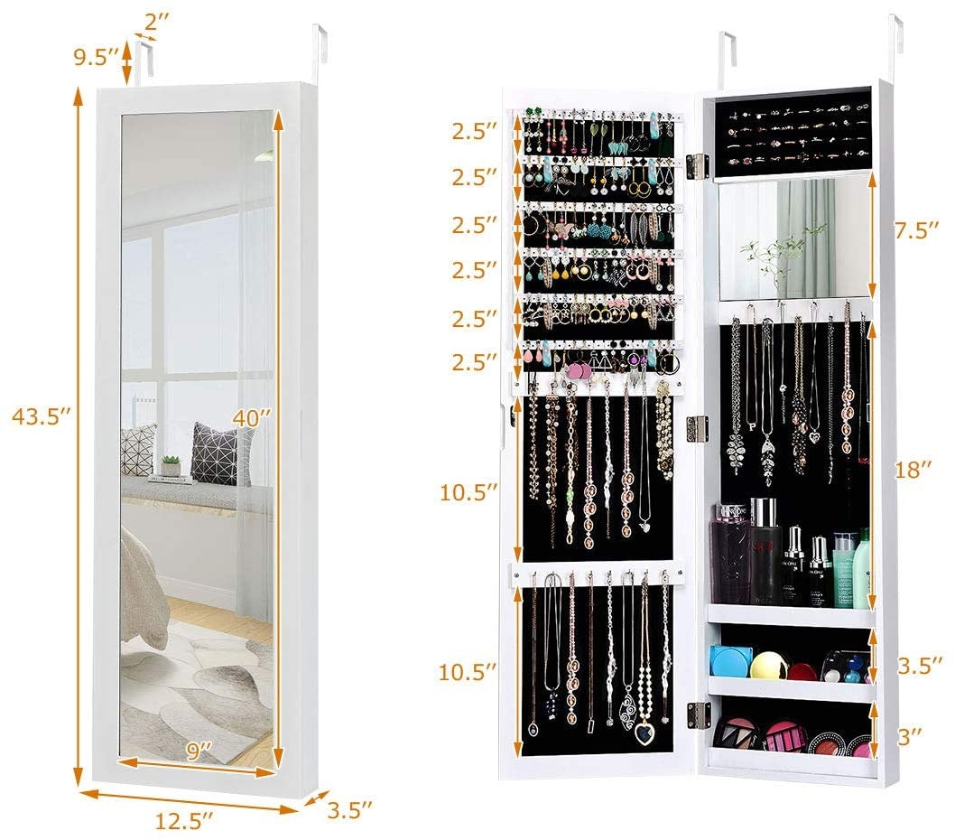 Wall Door Mounted Mirrored Jewelry Cabinet Storage Organizer, White Jewelry Armoires at Gallery Canada