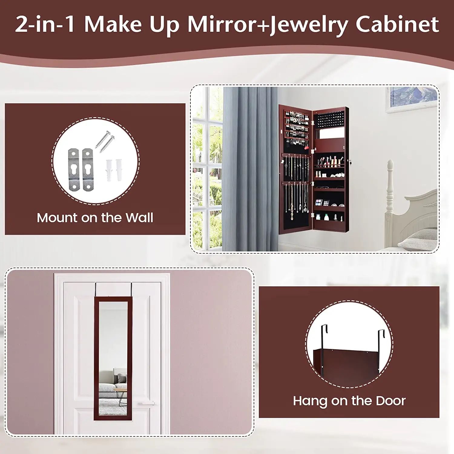 Lockable Wall Door Mounted Mirror Jewelry Cabinet with LED Lights, Brown Jewelry Armoires at Gallery Canada