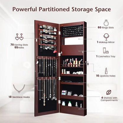 Lockable Wall Door Mounted Mirror Jewelry Cabinet with LED Lights, Brown Jewelry Armoires at Gallery Canada