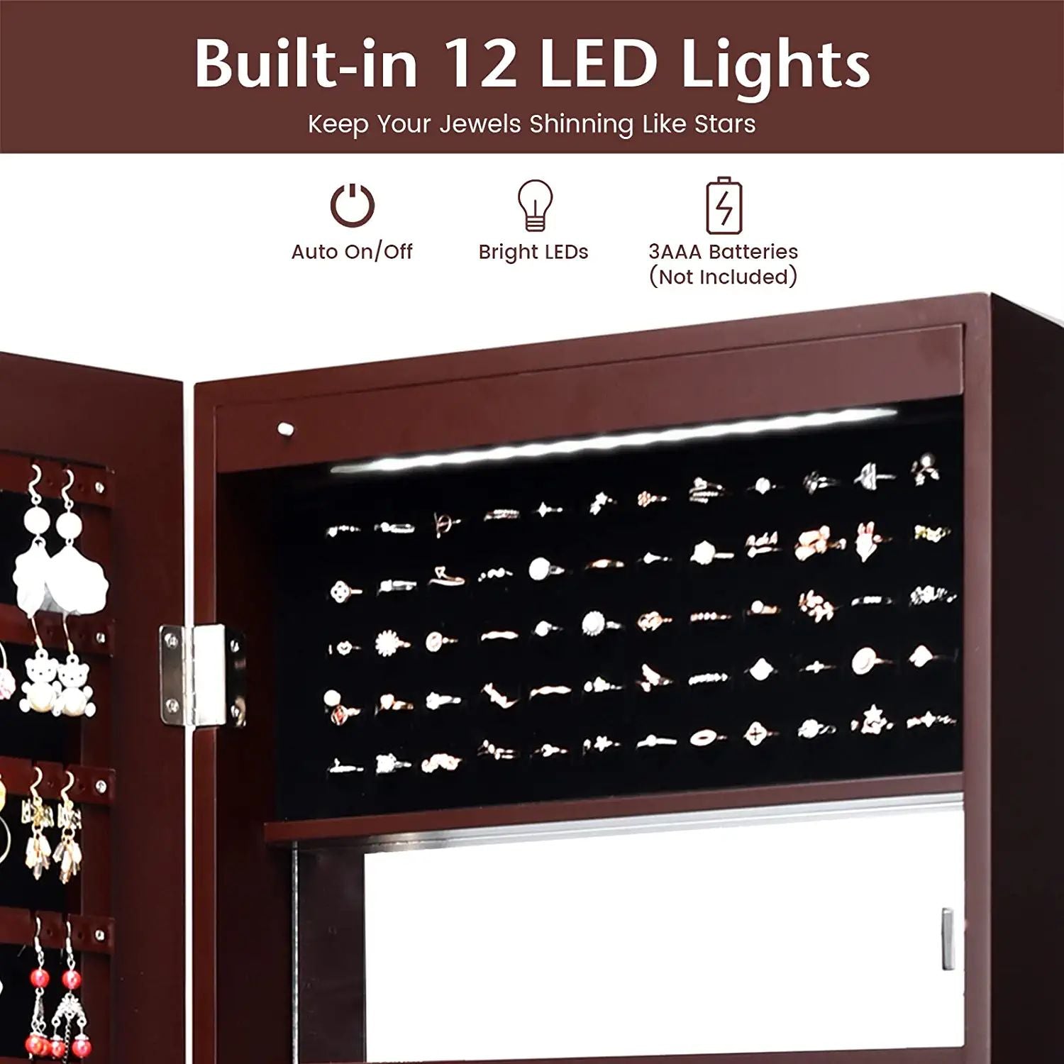 Lockable Wall Door Mounted Mirror Jewelry Cabinet with LED Lights, Brown Jewelry Armoires at Gallery Canada