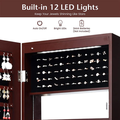 Lockable Wall Door Mounted Mirror Jewelry Cabinet with LED Lights, Brown Jewelry Armoires at Gallery Canada