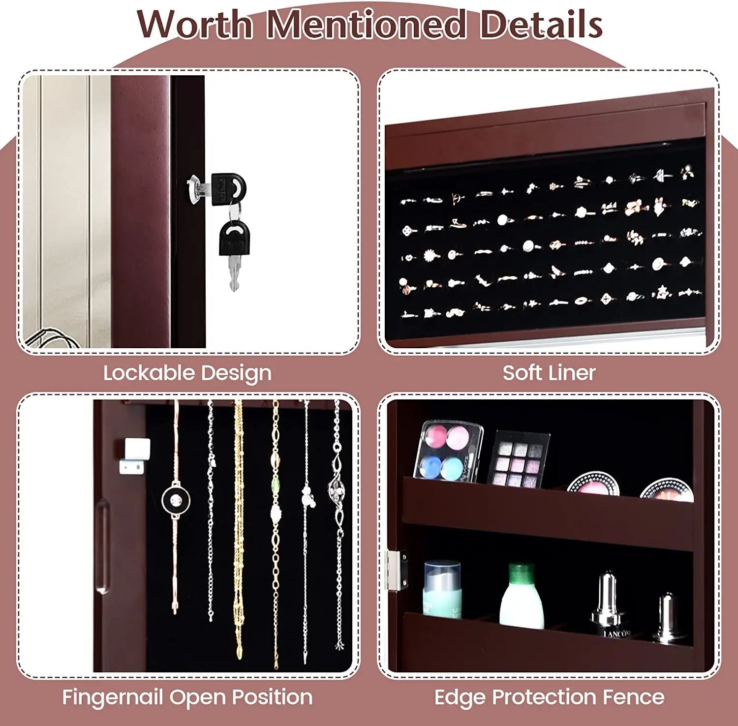 Lockable Wall Door Mounted Mirror Jewelry Cabinet with LED Lights, Brown Jewelry Armoires at Gallery Canada