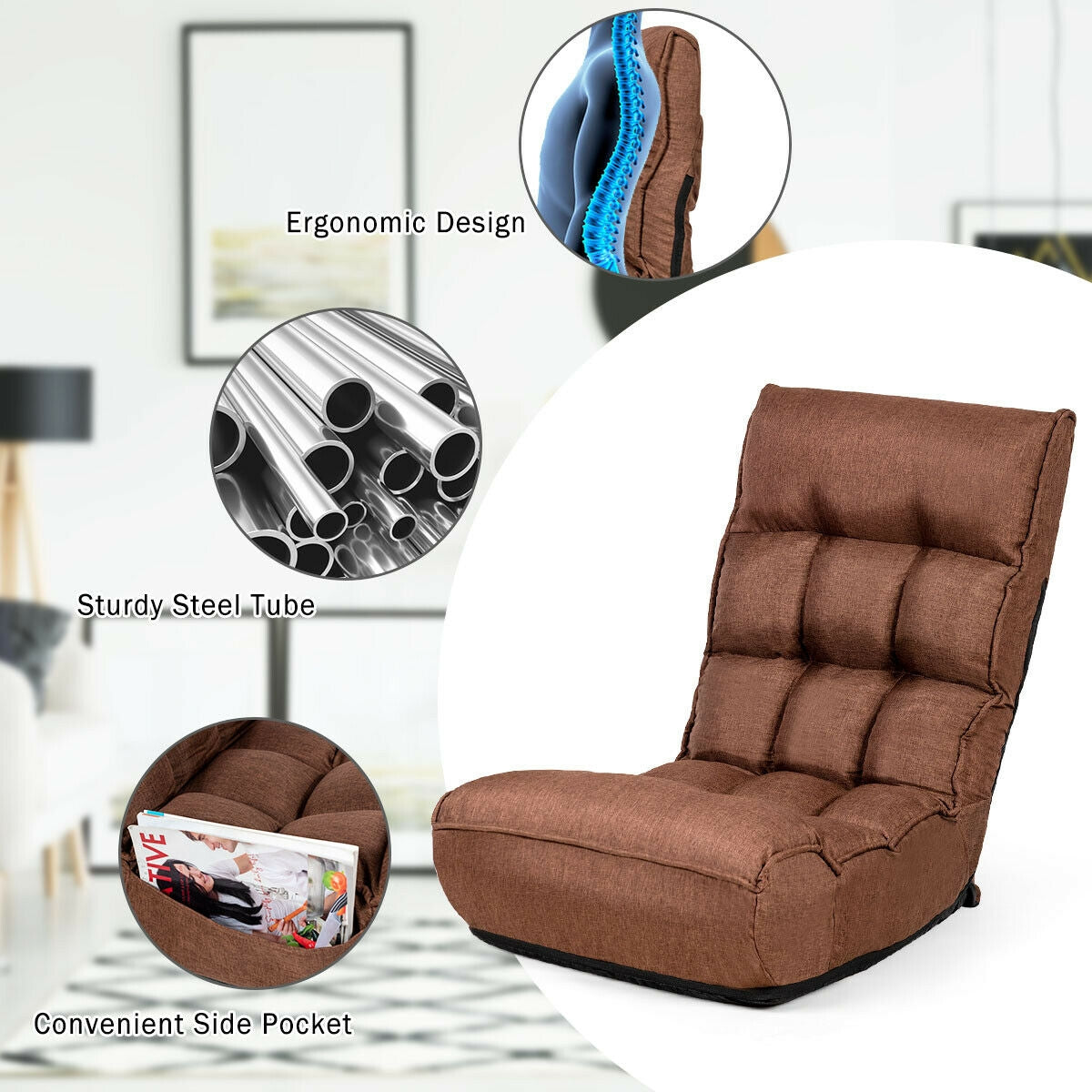 4-Position Adjustable Floor Chair Folding Lazy Sofa, Coffee Living Room at Gallery Canada