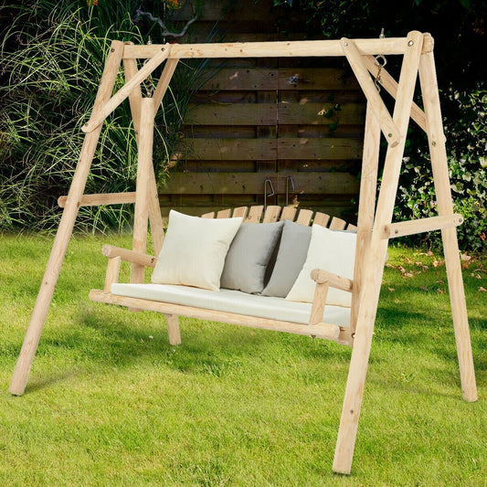 Outdoor Wooden Porch Bench Swing Chair with Rustic Curved Back, Natural - Gallery Canada