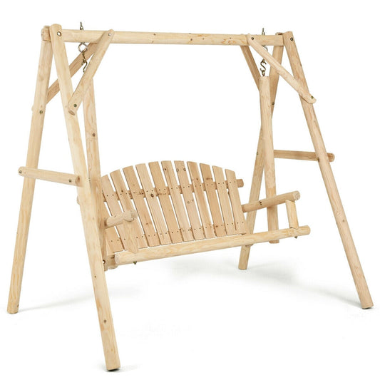Outdoor Wooden Porch Bench Swing Chair, Rustic Curved Back, Natural