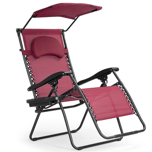 Folding Recliner Lounge Chair w/ Shade Canopy Cup Holder, Dark Red