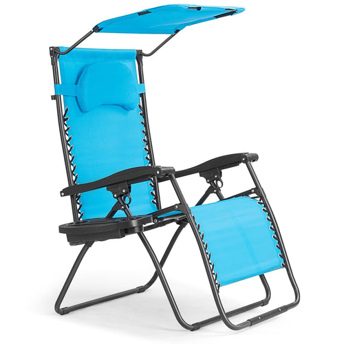 Folding Recliner Lounge Chair w/ Shade Canopy Cup Holder, Turquoise