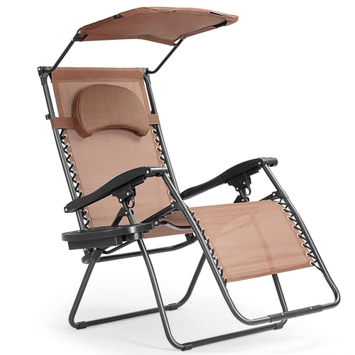 Folding Recliner Lounge Chair w/ Shade Canopy Cup Holder, Brown