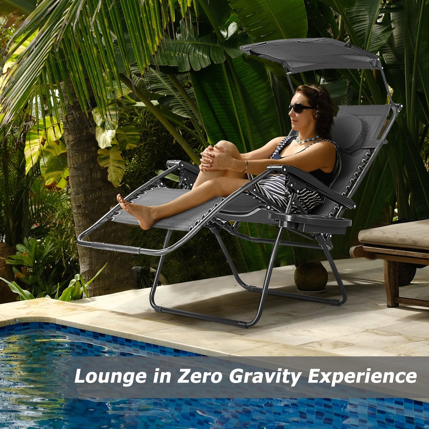 Folding Recliner Lounge Chair w/ Shade Canopy Cup Holder, Black - Gallery Canada