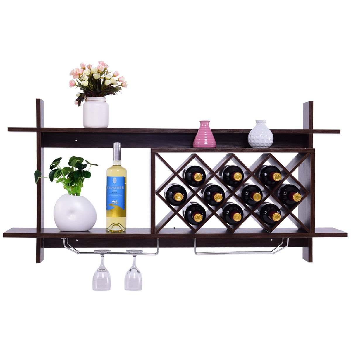 Wall Mount Wine Rack with Glass Holder & Storage Shelf, Walnut - Gallery Canada