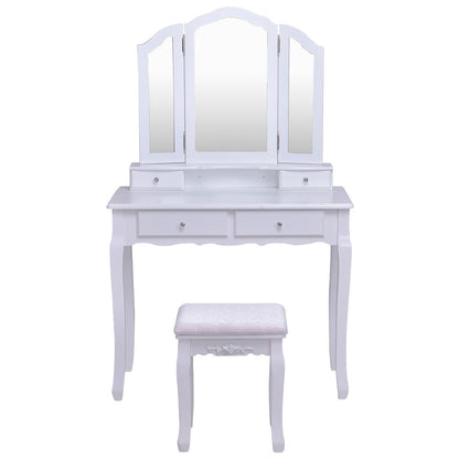 Tri Folding Mirror Vanity Table Stool Set with 4 Drawers and Cushioned Stool, White - Gallery Canada