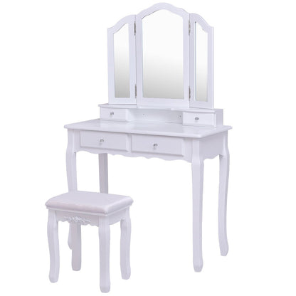 Tri Folding Mirror Vanity Table Stool Set with 4 Drawers and Cushioned Stool, White - Gallery Canada