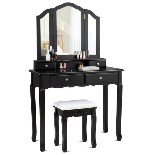 Tri Folding Mirror Vanity Table Stool Set with 4 Drawers and Cushioned Stool, Black